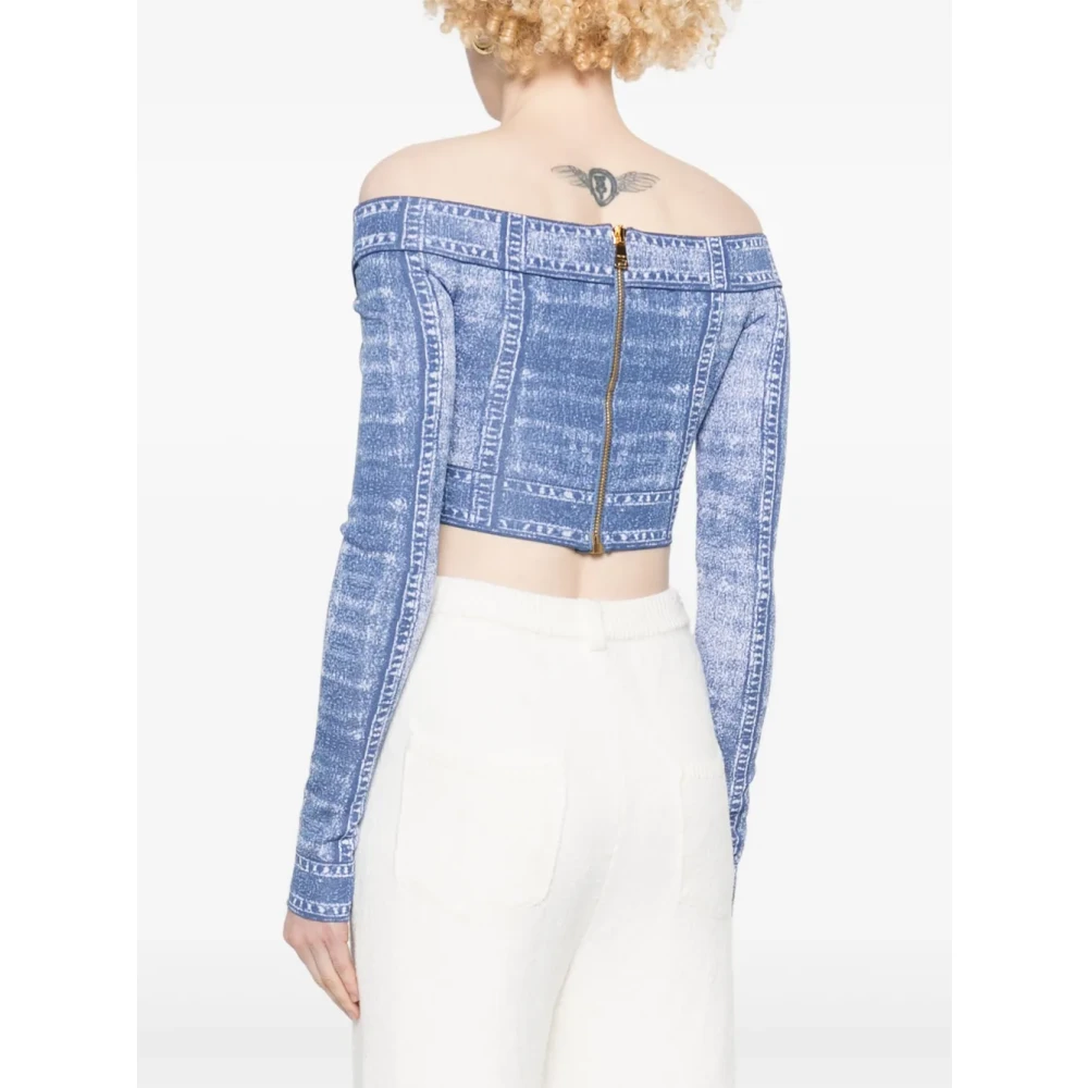 Balmain Denim Effect Longsleeve Top met Logo Blue Dames