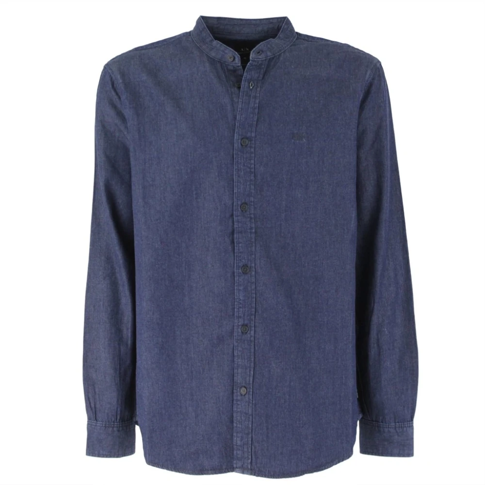 Armani Exchange Blauw Denim Overhemd met Koreaanse Kraag Blue Heren