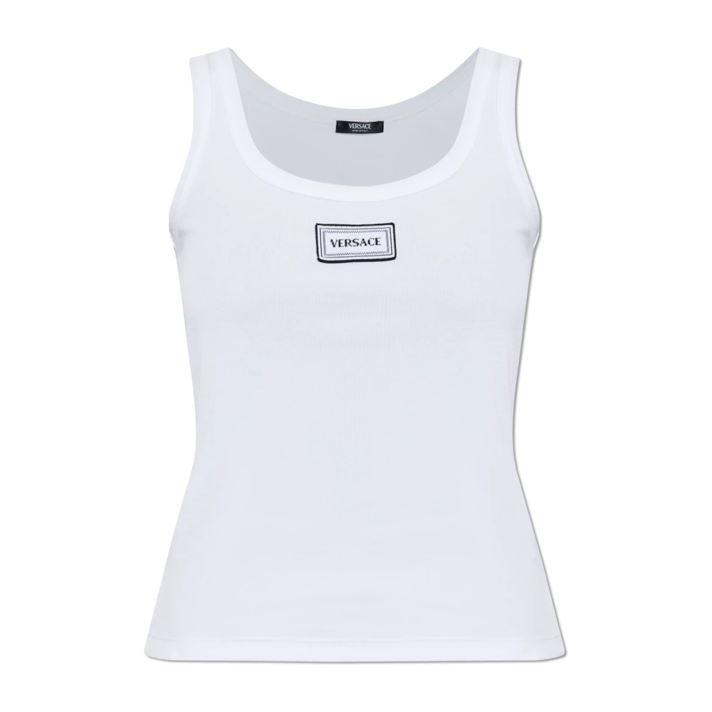 Versace Vrouw Wit Tops Dames, M, Katoen, Geribbelde Stretch Katoenen Tanktop