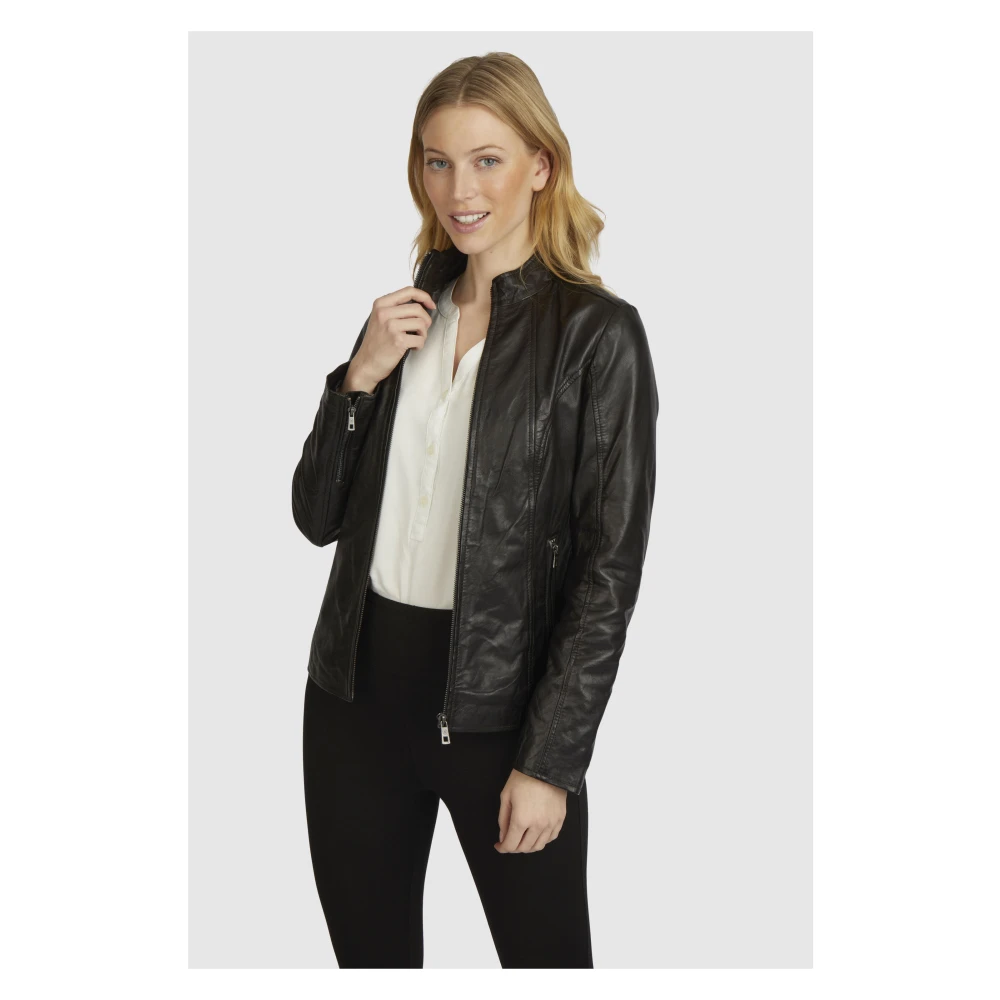 Bugatti Elegante leren jas met opstaande kraag Black Dames