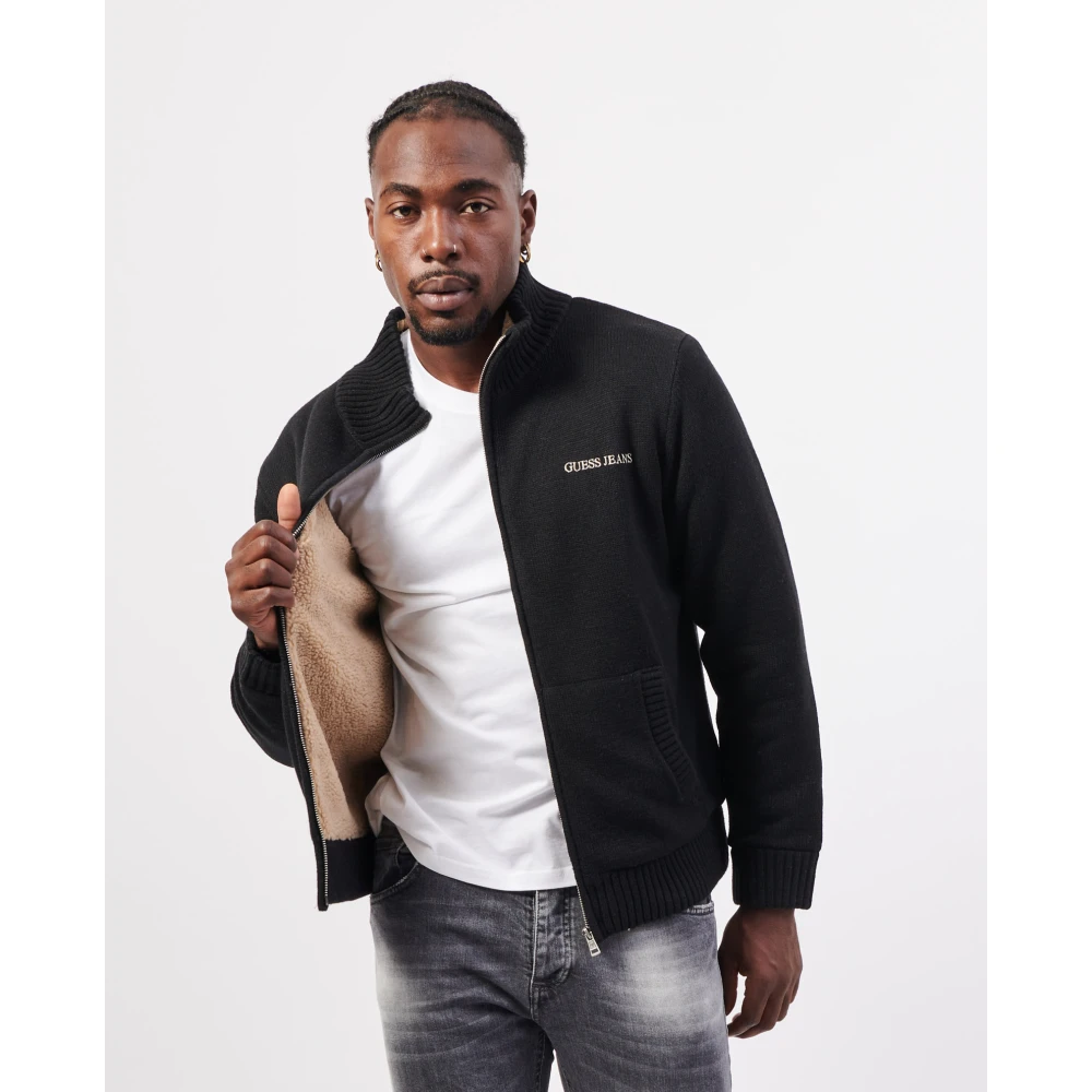 Guess Zwarte Sweater Fullzip Geborduurd Logo Black Heren