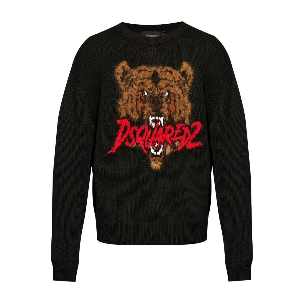 Dsquared2 Intarsia-Knit Logo Crew Neck Sweater Black Heren