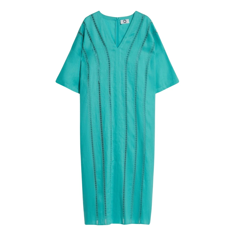 Marina Rinaldi Turquoise Linnen Zomerjurk met V-Hals Blue Dames