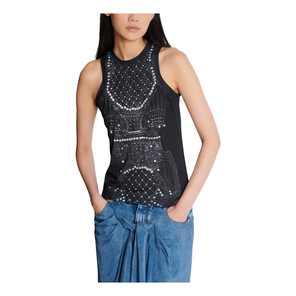 Balmain Zachte tanktop met nepborduurwerkprint Black Dames