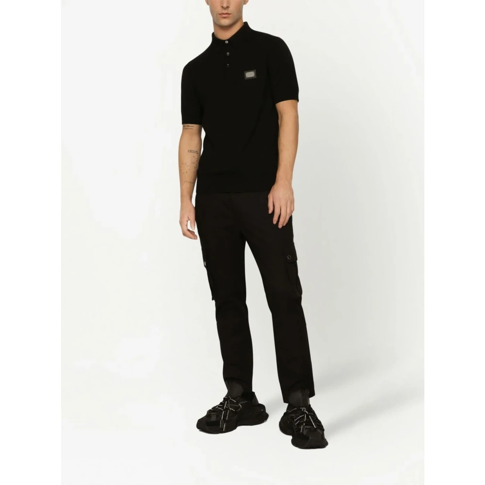 Dolce & Gabbana Zwarte wollen poloshirt metalen logo Black Heren