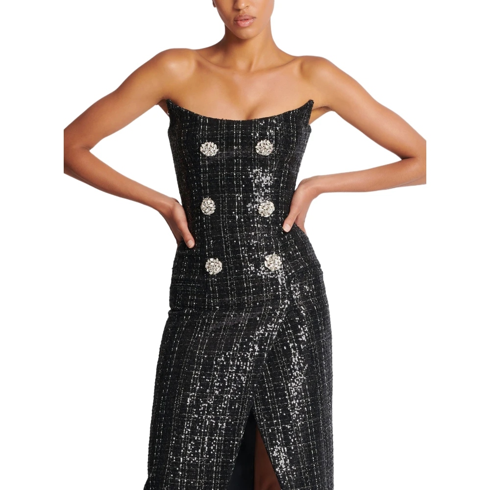 Balmain Strapless Lange Tweed Jurk met Glitter Black Dames