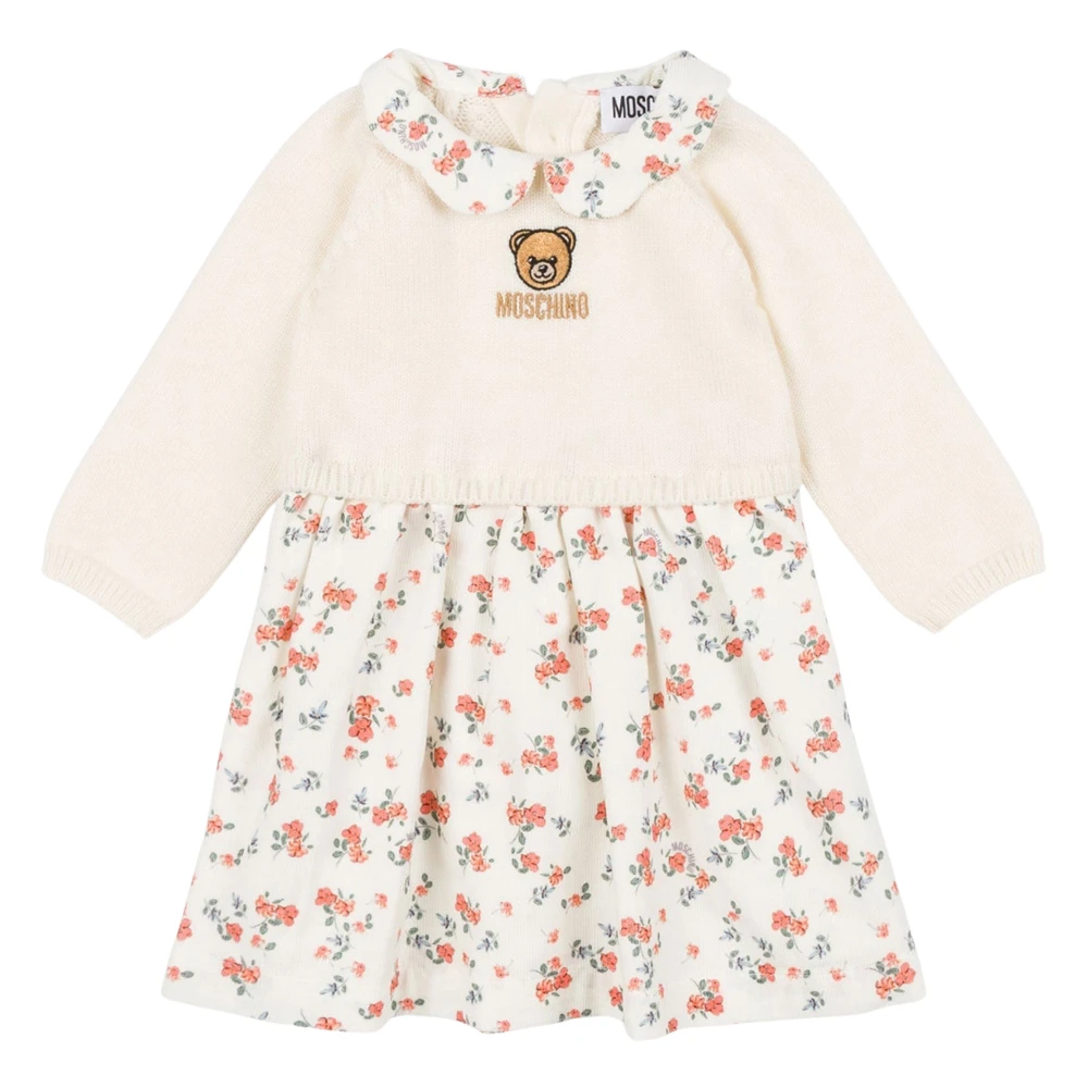 Moschino Girls Beige Dresses, 9 M, Floral Bear Dress In Ivory