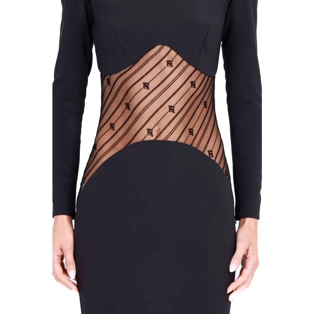 Elisabetta Franchi Lange Zwarte Crepe Jurk met Tule Inzet Black Dames