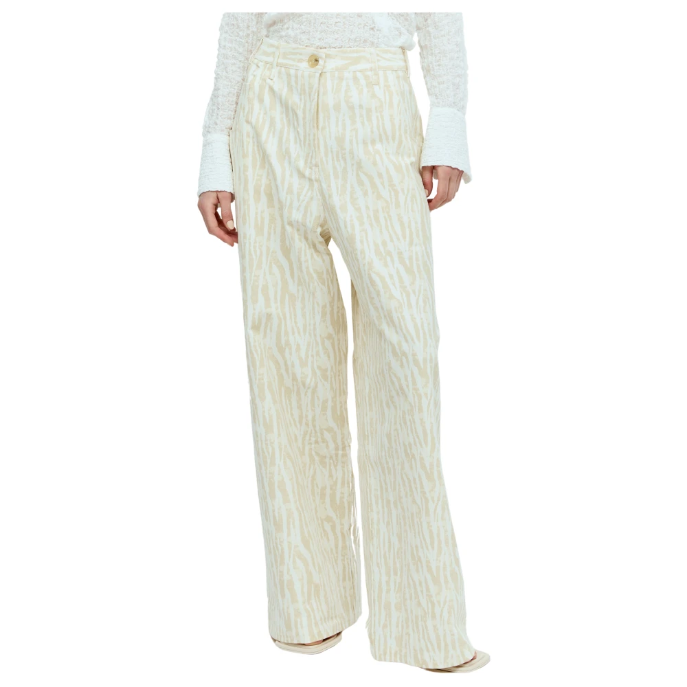 Song For The Mute Women's Beige Wide Trousers, L, Cotton Twill Printed Trousers