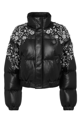 Leather Puffer Jacket Crystal