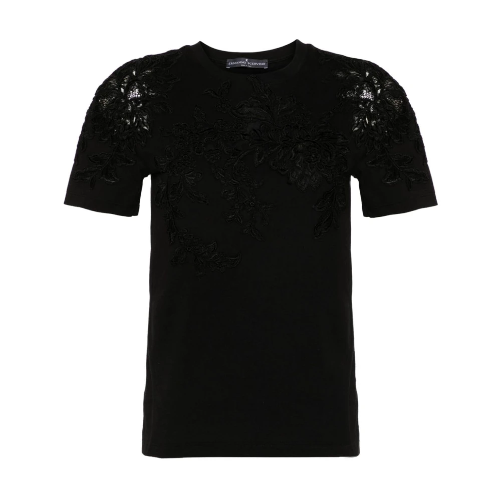 Ermanno Scervino Zwart Bloemenapplicatie Crew Neck T-shirt Black Dames