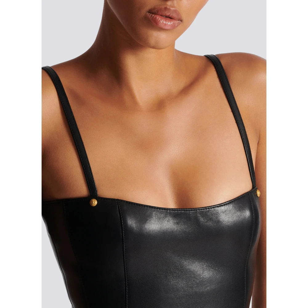 Balmain Leren top met spaghettibandjes Black Dames