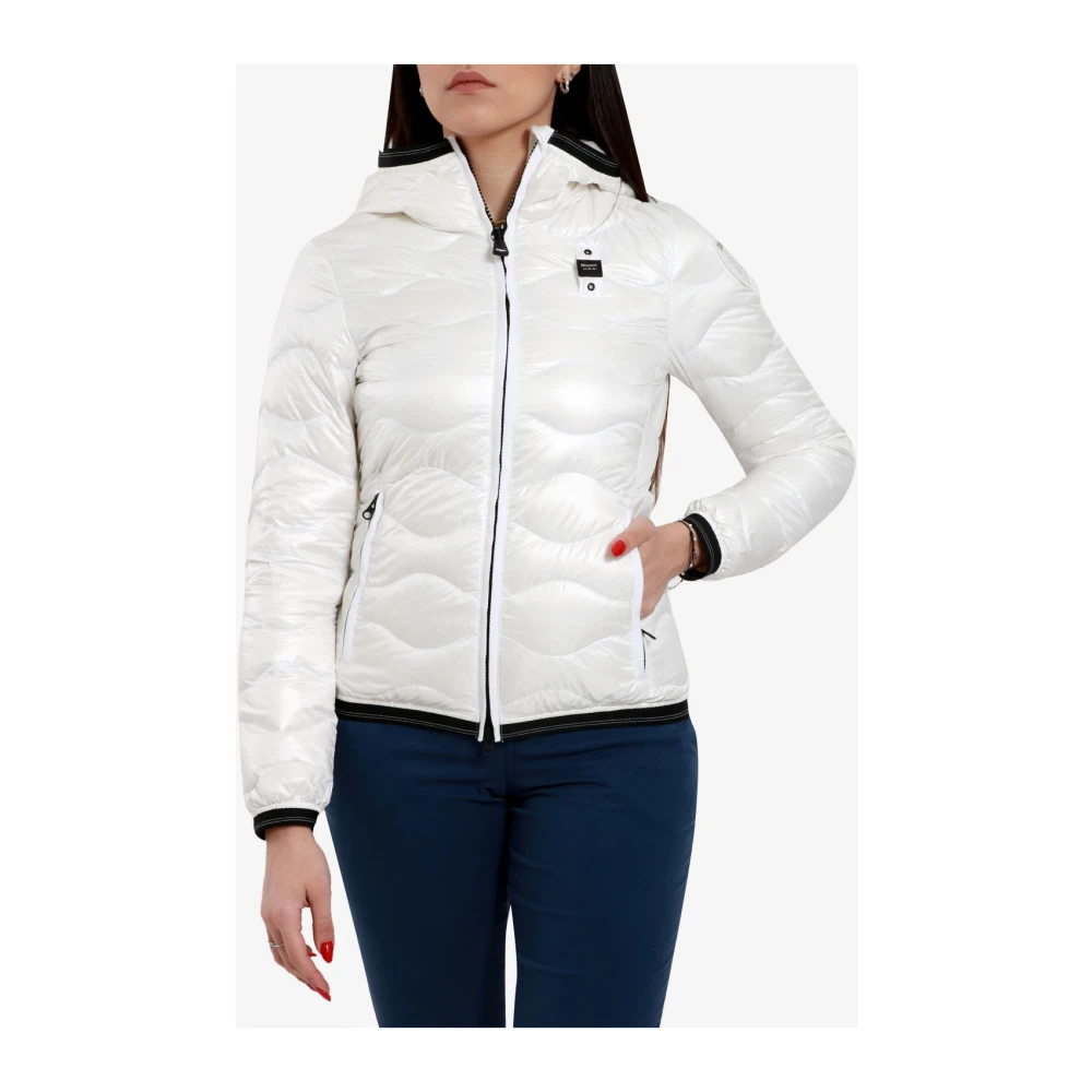 Blauer Witte Nylon Hooded Jas met Golven White Dames
