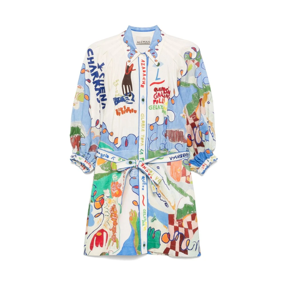 Alemais Illustratie-stijl Linnen Jurk met Pofmouwen Multicolor Dames