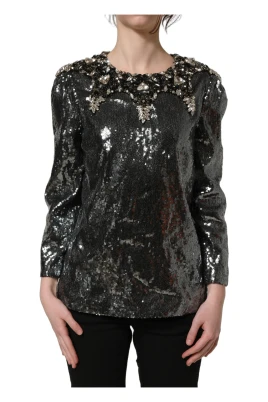 Dolce & Gabbana Metallic Grå Paljettprydd Blus Topp