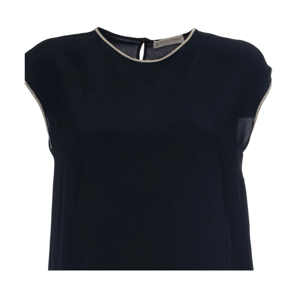 Le Tricot Perugia Zijden Blend Mouwloos Asymmetrisch T-shirt Blue Dames