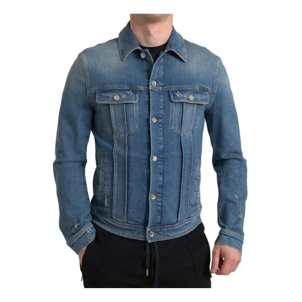Dolce & Gabbana Blauwe Gewassen Denim Jack met Zakken Blue Heren