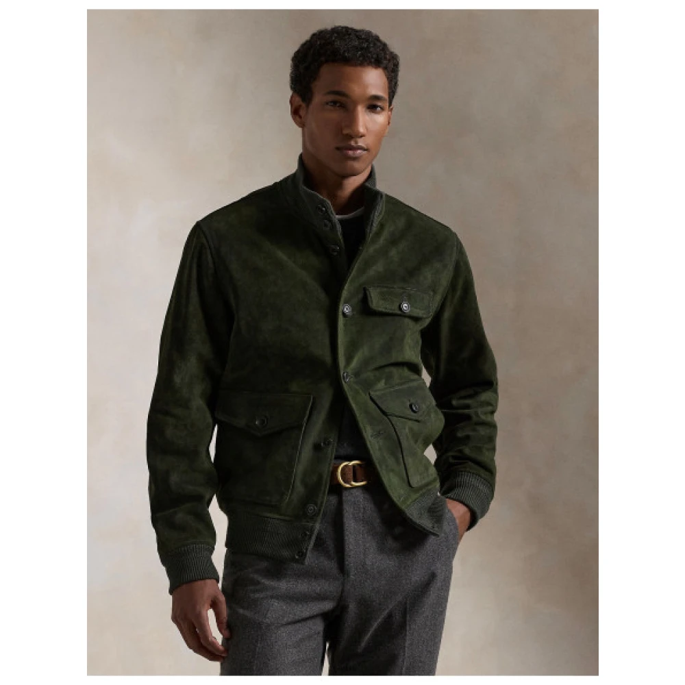Polo Ralph Lauren Zwarte Suède Bomberjack met Geribde Details Green Heren