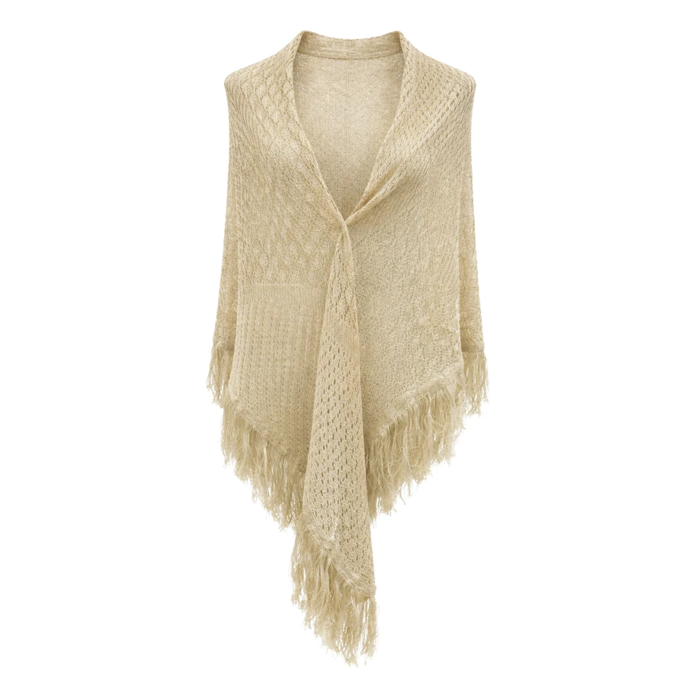 Simona Corsellini Beige Ponchos, Female, One Size, Scialle Crochet Con Frange In Lurex