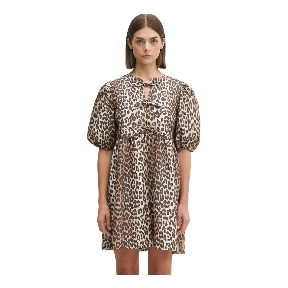 Ganni Donna Mixed Leopard Printed Cotton Tie String Mini Dress - Size 36 Organic - Immagine 3