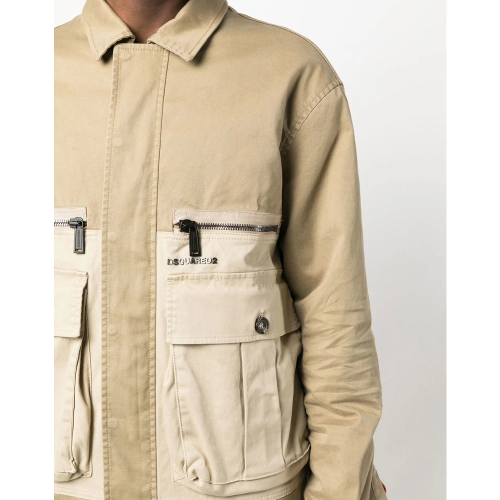 Dsquared2 Gewatteerde Coach Jas Taupe Rits Sluiting Beige Heren
