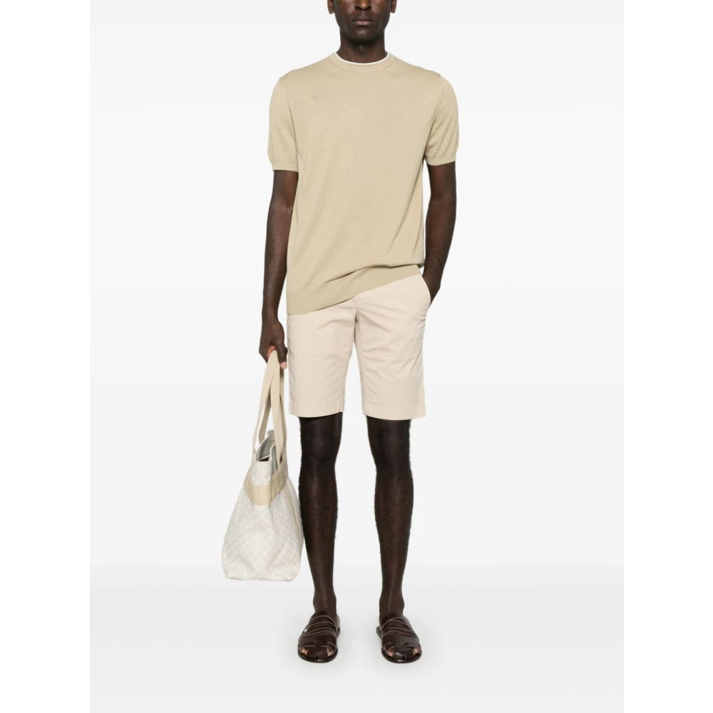 Canali Fijngebreide Gestreepte Ronde Hals T-shirt Beige Heren