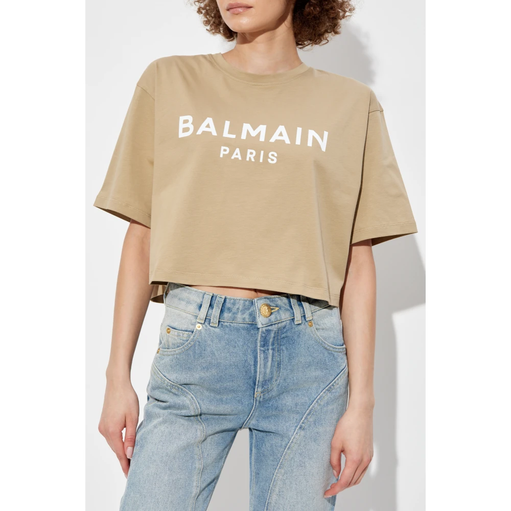 Balmain Korte T-shirt met bedrukt logo Beige Dames