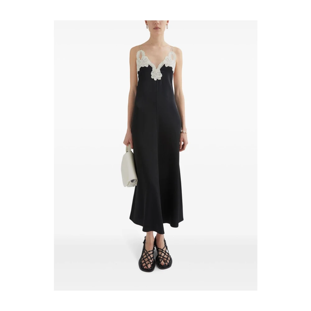 Jil Sander Zwarte Satijnen Jurk met Bloemenkant Black Dames
