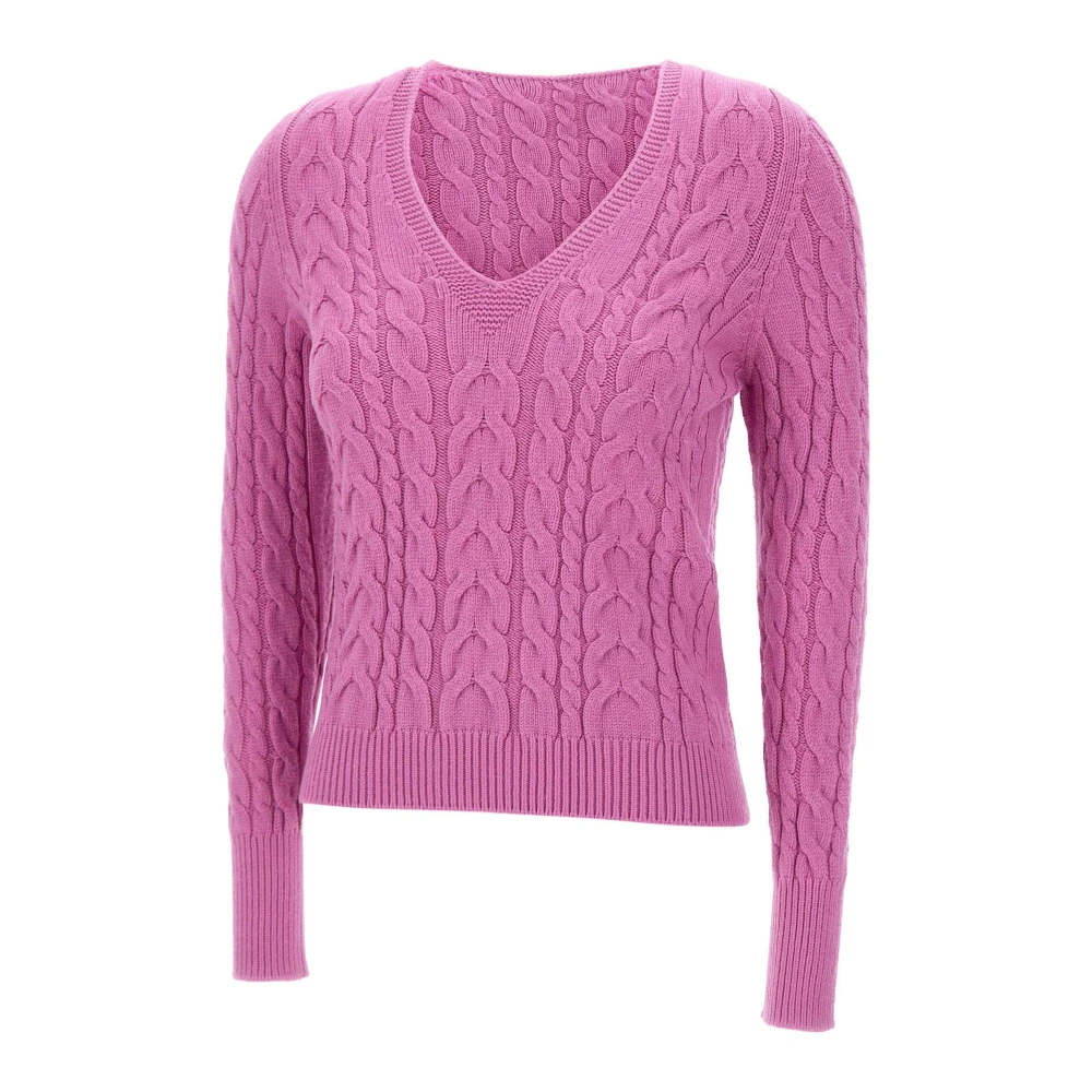 Kaos Fuchsia V-Hals Kabel Gebreide Trui Pink Dames
