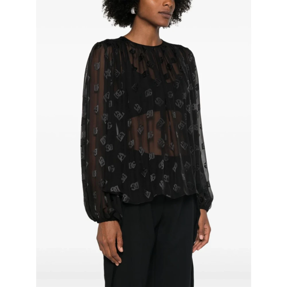 Dolce & Gabbana Jacquard Logo Blouse Zwart Zijde Viscose Black Dames