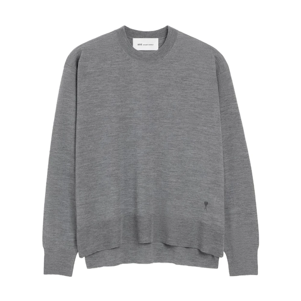Ami Paris Men's Gray Round-Neck Knitwear, S, Ami De Coeur Crewneck Jumper