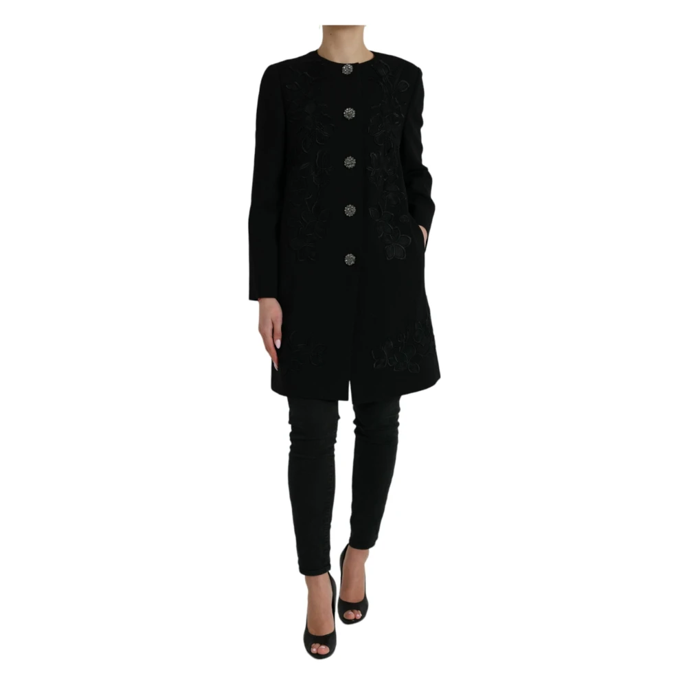 Dolce & Gabbana Women's Black Single-Breasted Coats, 2XS, Floral Wool Trenchcoat With Buttons
