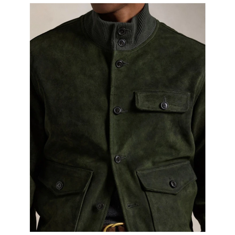 Polo Ralph Lauren Zwarte Suède Bomberjack met Geribde Details Green Heren