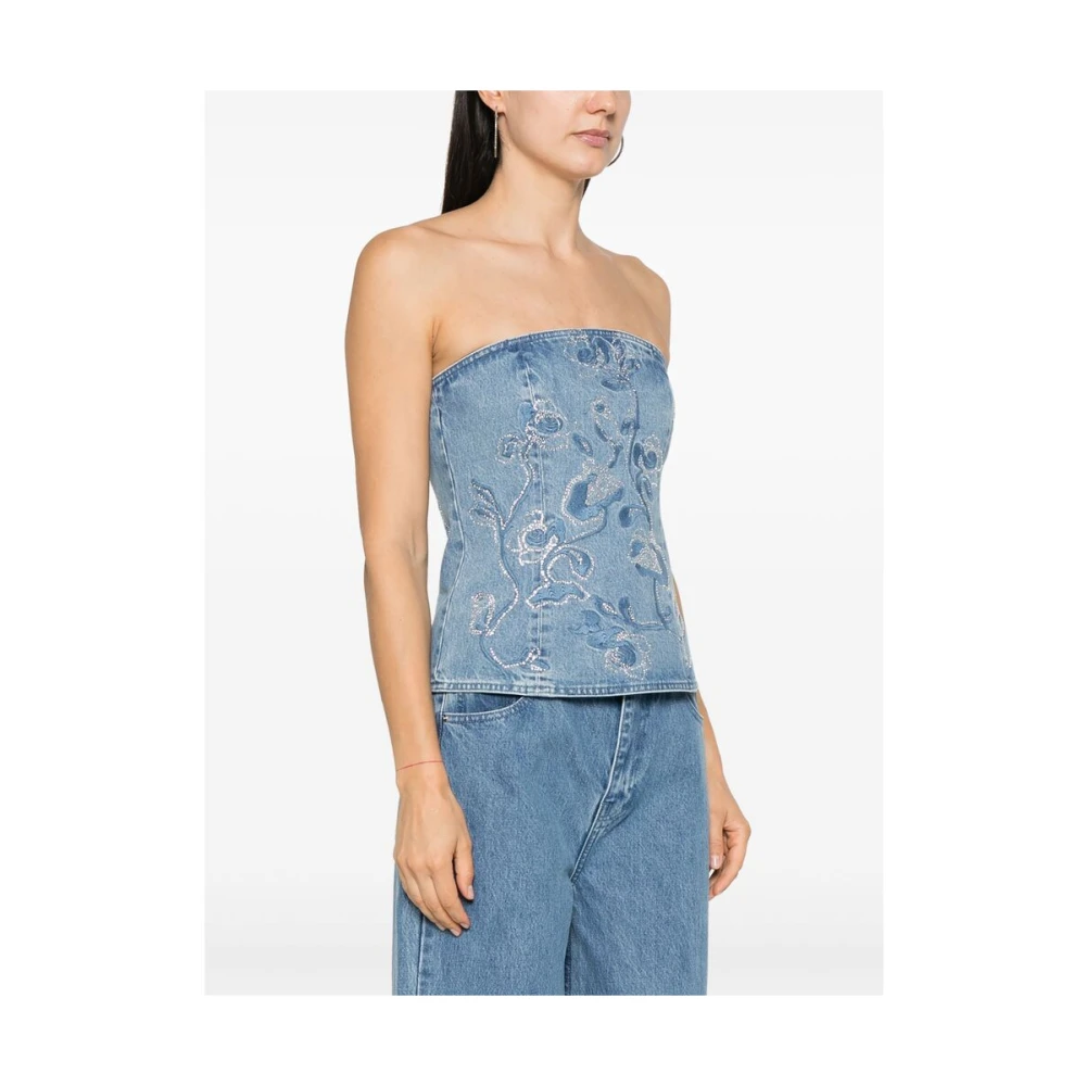 Rotate Birger Christensen Indigo Blue Denim Jurk met Bloemenborduursel Blue Dames