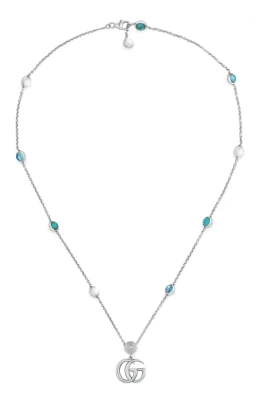 YBB527399001 - Argento 925, Madreperla, Topazio, Resina - Halsband med Interlocking G hänge i blankt åldrat sterlingsilver, pärla, blå topas och turkos harts