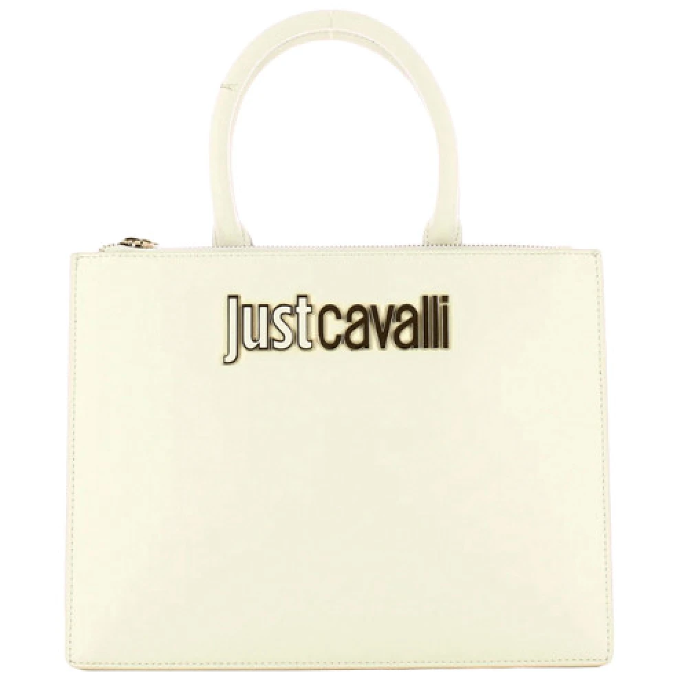 Just Cavalli Witte Dames Schoudertas met Gouden Logo Plaatje White Dames