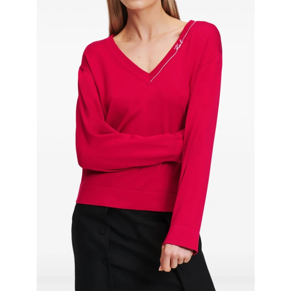 Karl Lagerfeld Signature V-Hals Trui Red Dames