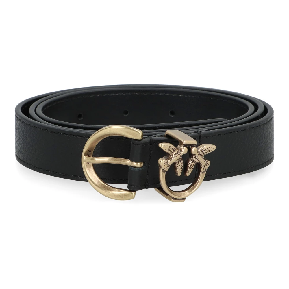 Pinko Women's Black Belts, M, Love Birds Logo Buckle Leather Belt