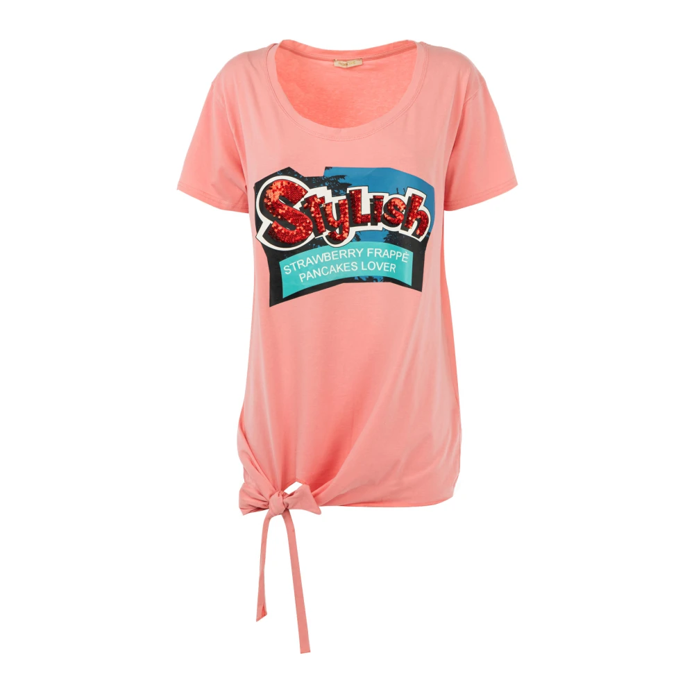 Fracomina Korte mouw bedrukt T-shirt met knoop Pink Dames