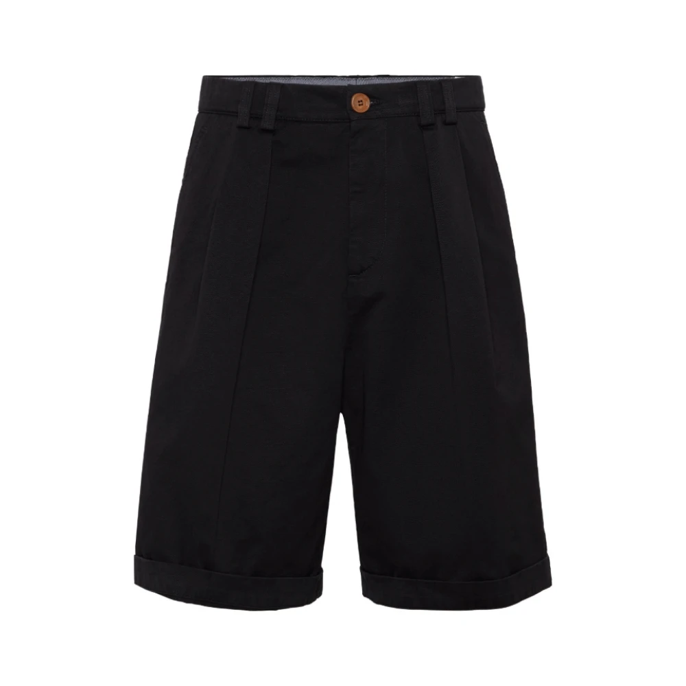BRUNELLO CUCINELLI Zwarte Katoenen Bermuda Shorts met Plooien Black Heren