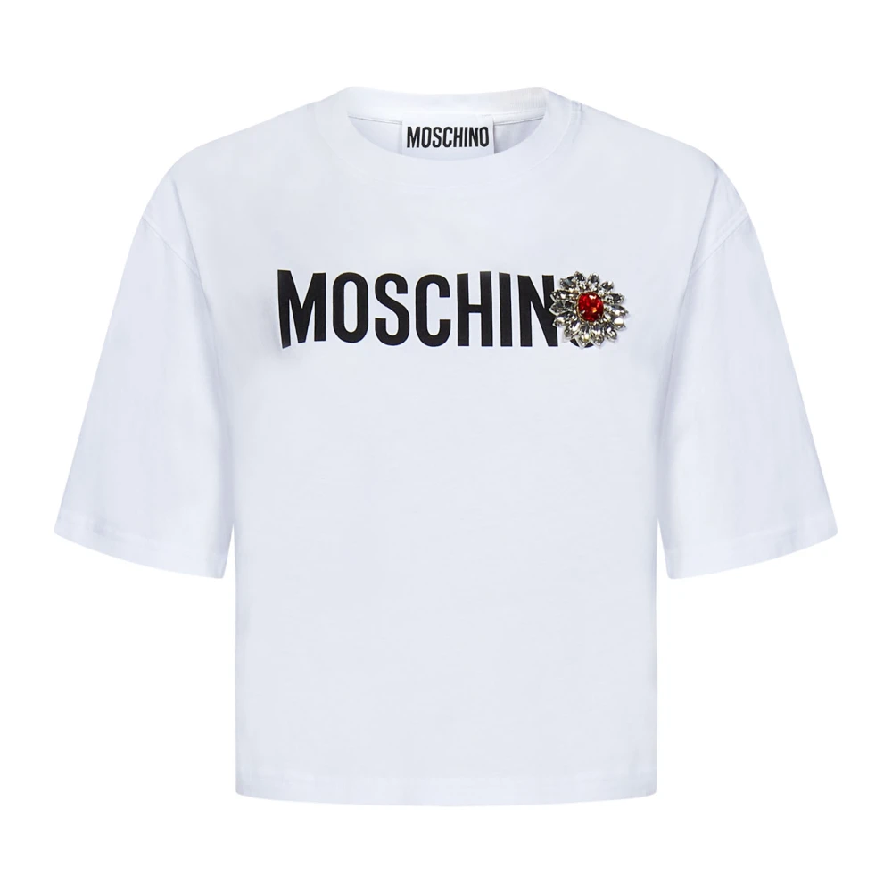 Moschino Witte Crop T-shirt met Logo Print en Juweel White Dames