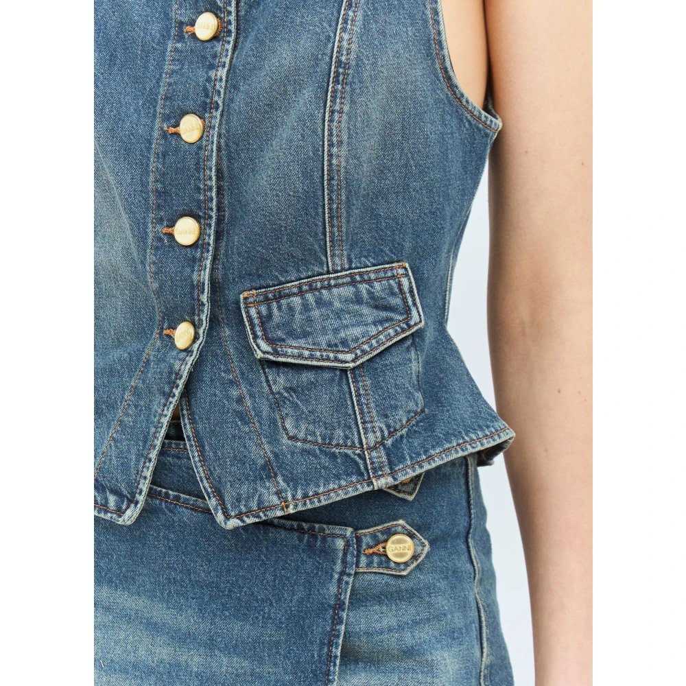 Ganni Vierkante Hals Denim Top Blue Dames