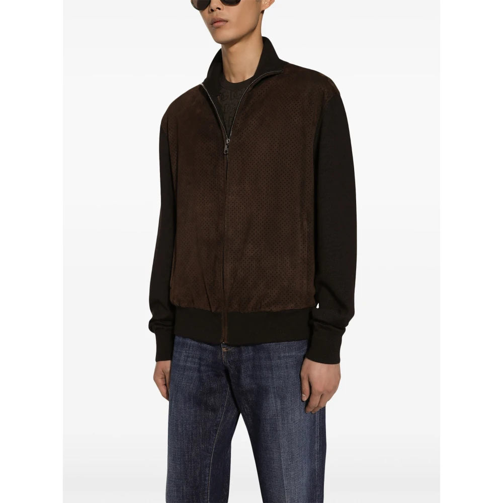 Dolce & Gabbana Bruine Suède Bomber Gebreide Mouwen Jas Brown Heren