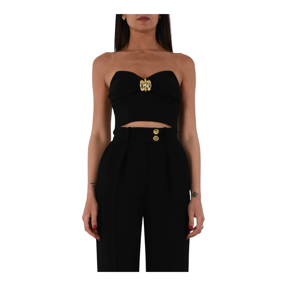 Elisabetta Franchi Top in vloeiende crêpe met juweeldecoratie Black Dames