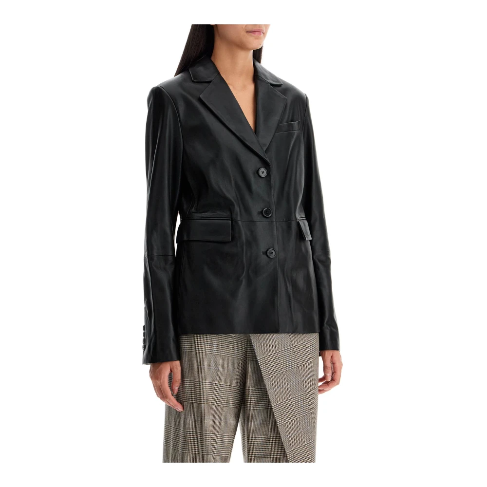 Loulou Studio Zwarte leren blazer met inkeping kraag Black Dames