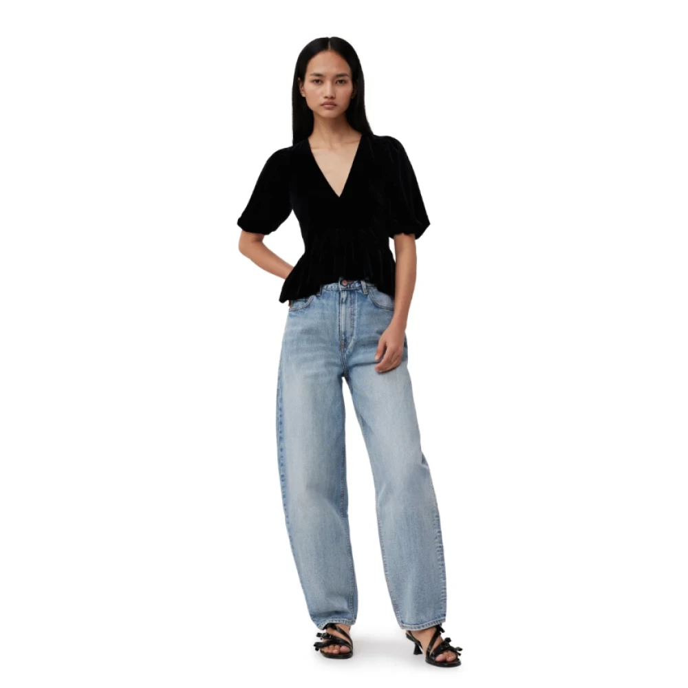 Ganni Zwarte Velvet V-Hals Blouse Black Dames