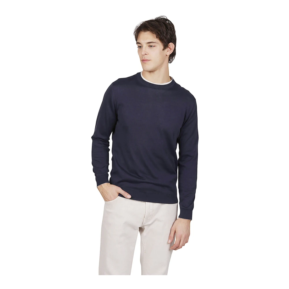 Eleventy Sea Island Katoen Ronde Hals Tipping Sweater Blue Heren