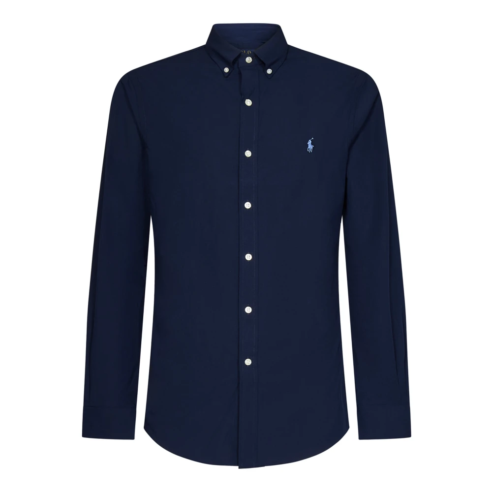 Blå Slim-Fit Skjorte med Button-Down Krage