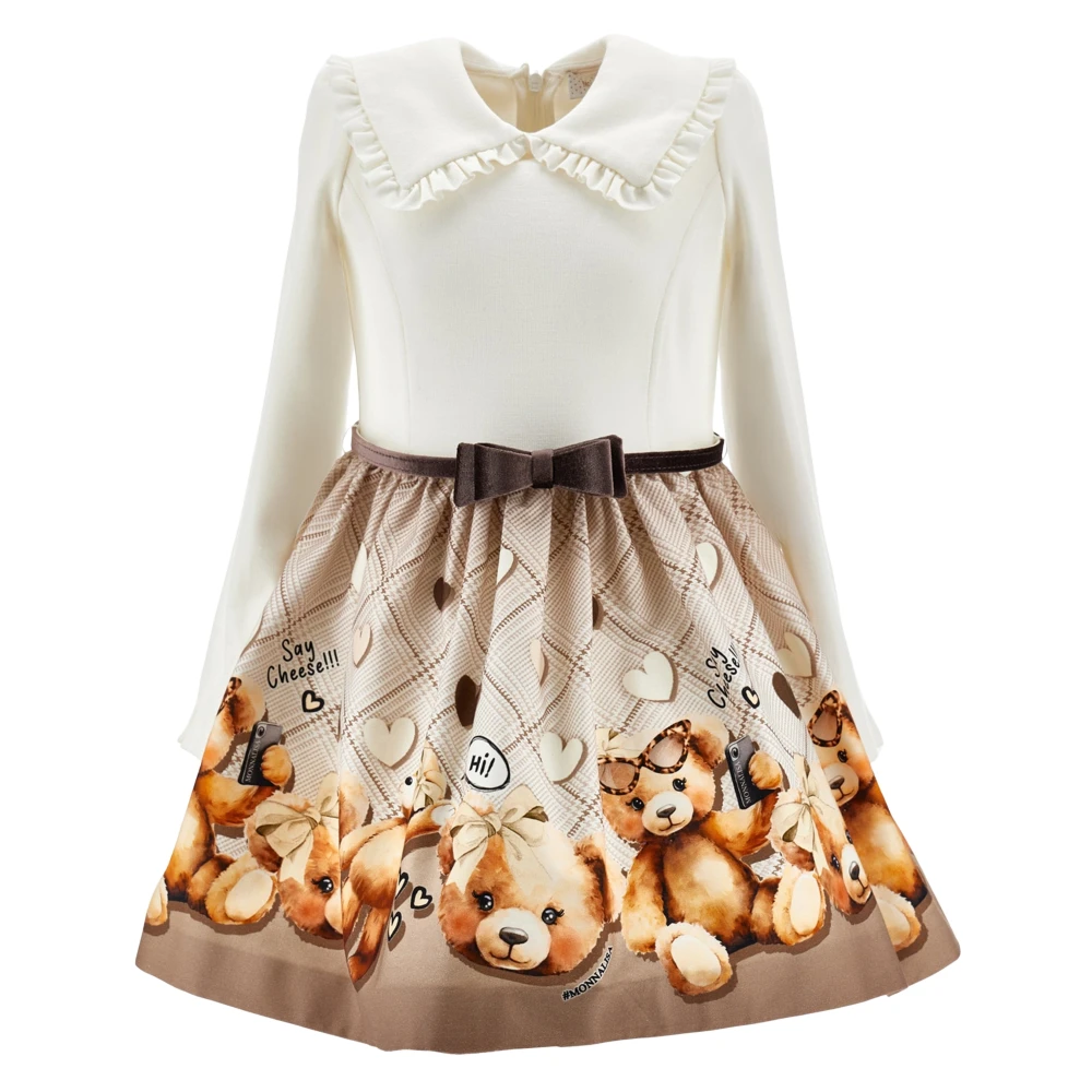Monnalisa Girls Brown Teddy Bear Skater Dress In - Kids Occasion Wear - 2 Y - Kids