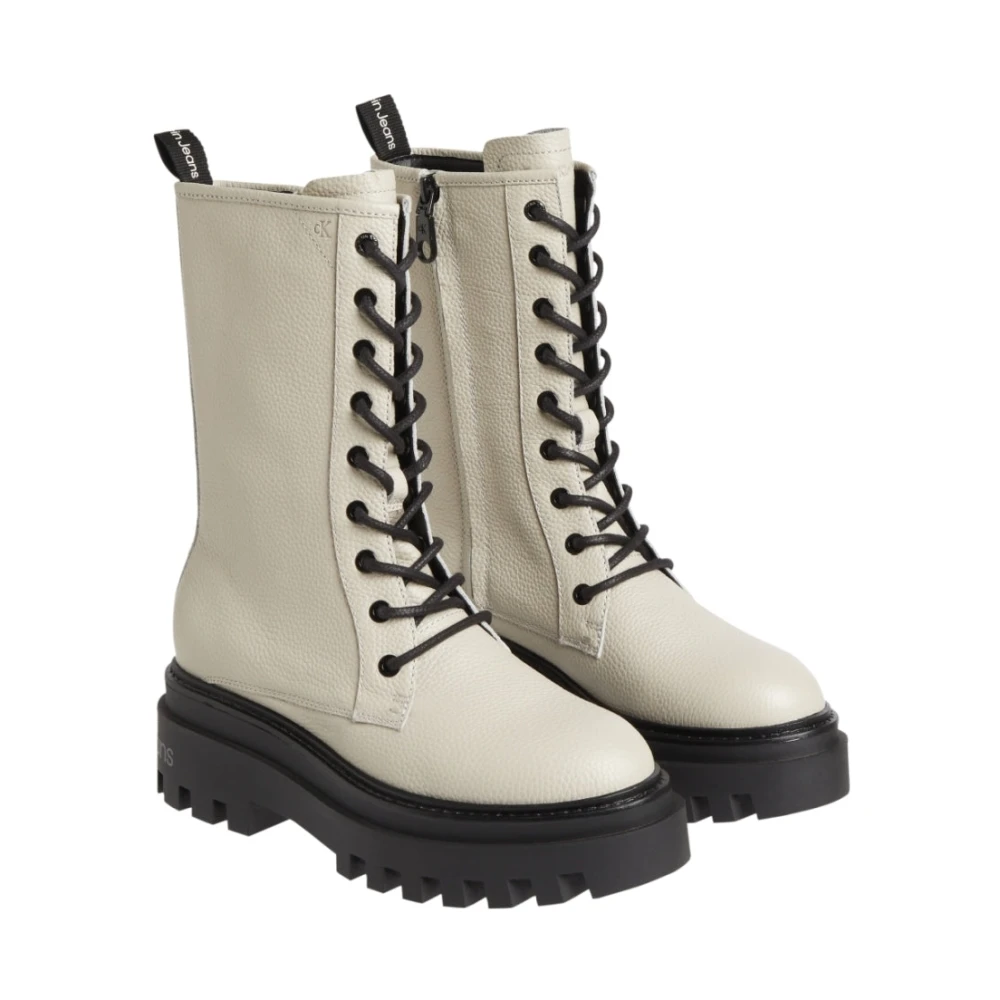 Calvin Klein Beige Leren Flatform Mid Lace-Up Laarzen Beige Dames